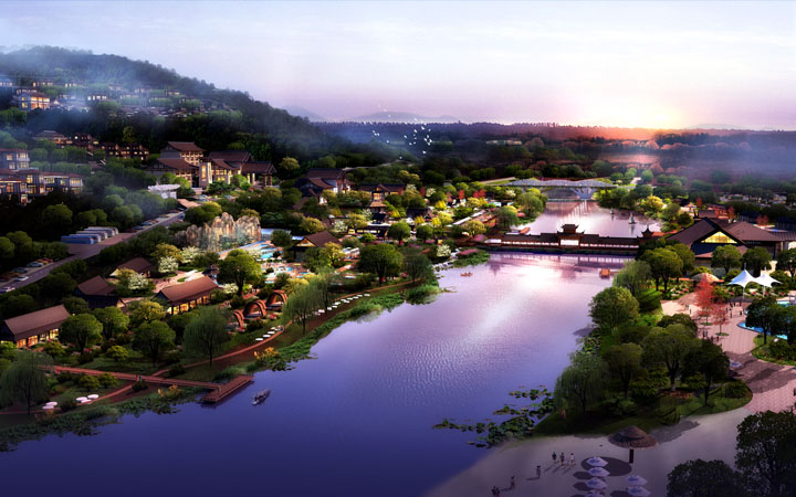 重慶萬(wàn)州長(zhǎng)灘森林溫泉度假區(qū)河岸效果圖